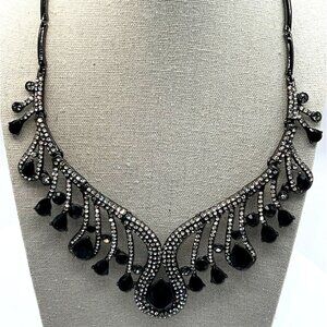 Vintage Black Rhinestone Teardrop Necklace With Silver Tone Accents